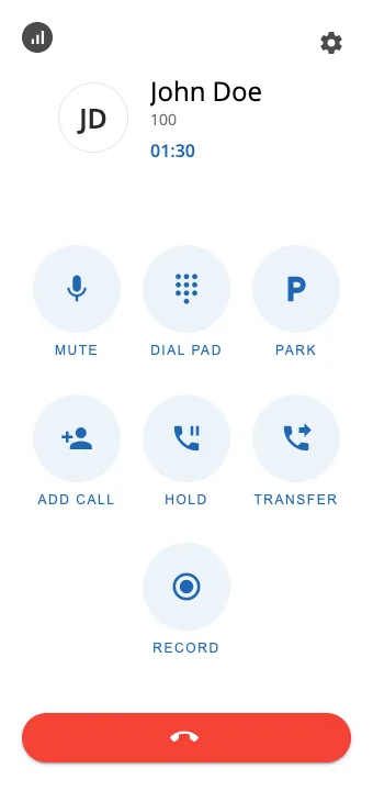 The ConnectUC call window with the MUTE, DIAL PAD, PARK, ADD CALL, HOLD, TRANSFER, and RECORD buttons