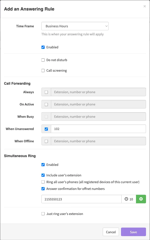 The Add an Answering Rule dialog with Business Hours selected, When Unanswered forwarding to 102, and Simultaneous Ring turned on