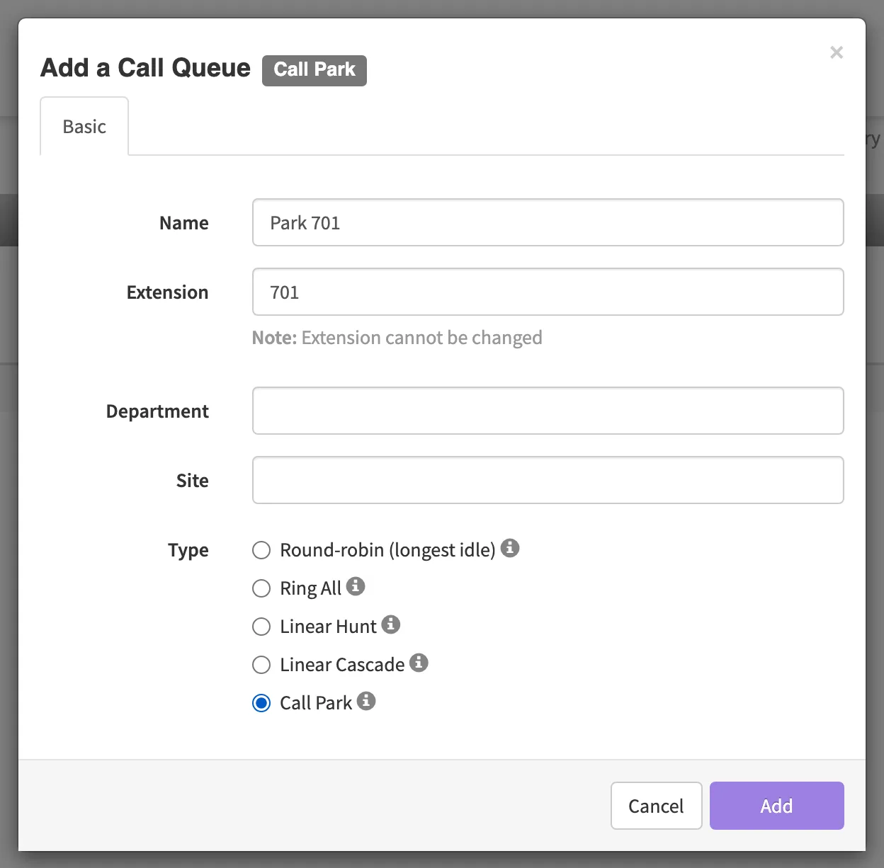 The Add a Call Queue dialog with Name Park 701, Extension 701 and Type set to Call Park