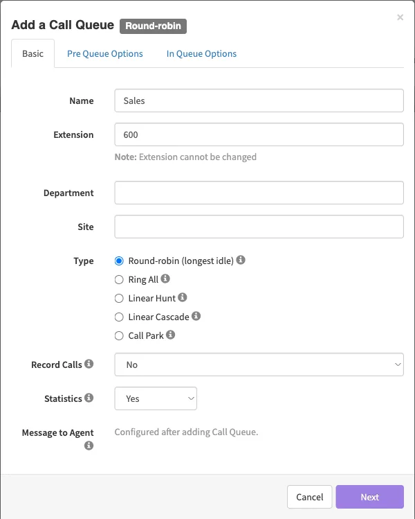 The Basic tab of Add a Call Queue with Name Sales, Extension 600 and Round-robin (longest idle) selected