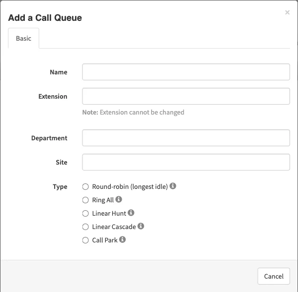 The Add a Call Queue dialog on the Basic tab, showing the five queue types