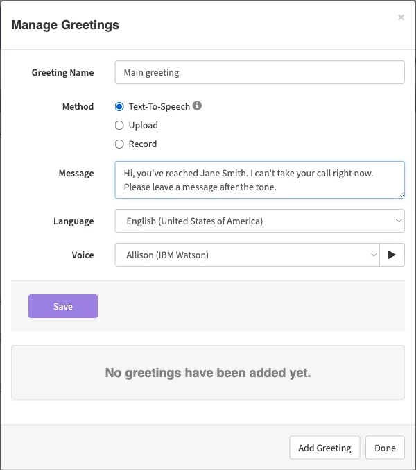 The Manage Greetings window with Text-To-Speech chosen, a sample message, and the Language and Voice options