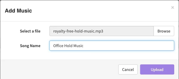 The Add Music dialog with an MP3 file chosen and a song name entered