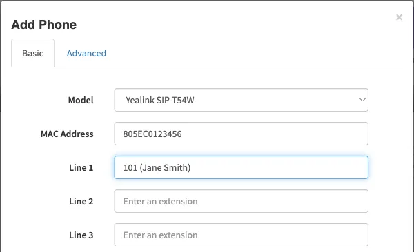 The Add Phone dialog in Inventory with a Yealink model, a sample MAC address and Line 1 set to 101 (Jane Smith)