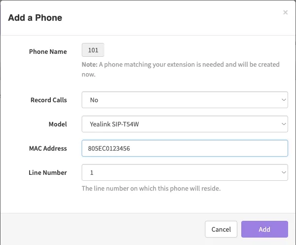 The Add a Phone dialog on a user's Phones tab with Phone Name 101, a Yealink model, a sample MAC address and Line Number 1