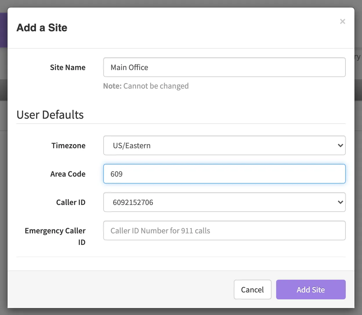 The Add Site dialog on the Users page Sites tab with the site name Main Office and default time zone, area code and caller ID