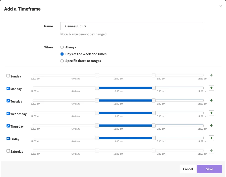 The Add a Timeframe dialog for Business Hours with Days of the week and times selected and Monday to Friday set to 9:00 to 5:00
