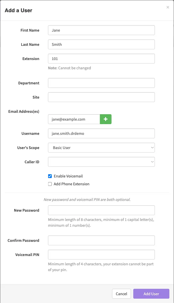 The Add a User form filled in for Jane Smith, extension 101, with an email address and the Basic User scope