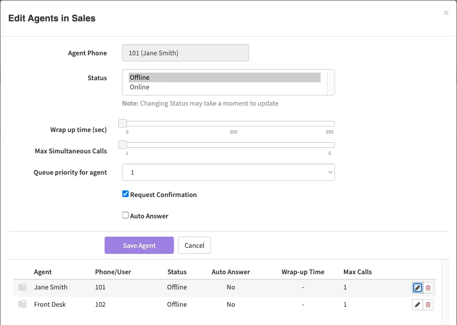 Editing Jane Smith in the Edit Agents window, with the Status list showing Offline and Online