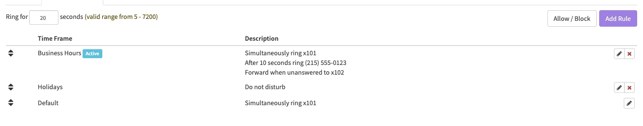 Jane Smith's Answering Rules tab with Business Hours (Active), Holidays and Default rules, the Ring for setting, and the Allow / Block and Add Rule buttons