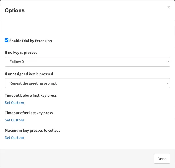 The Options window with Enable Dial by Extension checked and If no key is pressed set to Follow 0