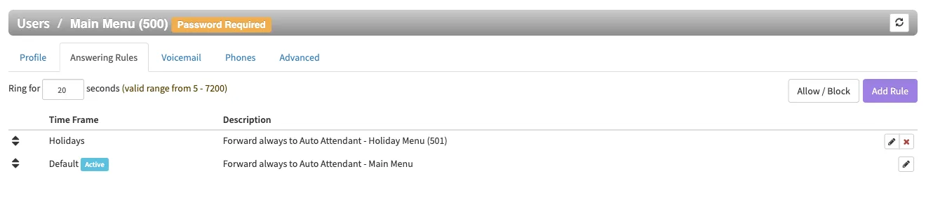 The Answering Rules tab for the Main Menu auto attendant (500), with a Holidays rule forwarding to Holiday Menu (501) above the Default rule