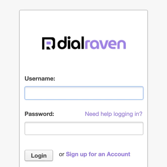 The Dial Raven billing portal sign-in page with the Username and Password fields