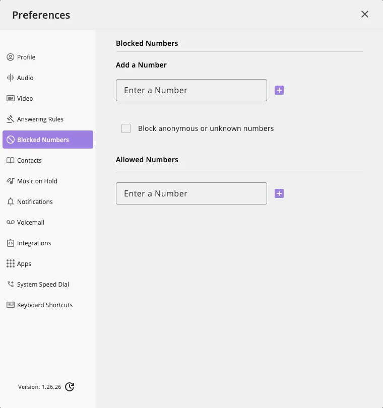 The Blocked Numbers section with the Add a Number box, the Block anonymous or unknown numbers checkbox, and Allowed Numbers