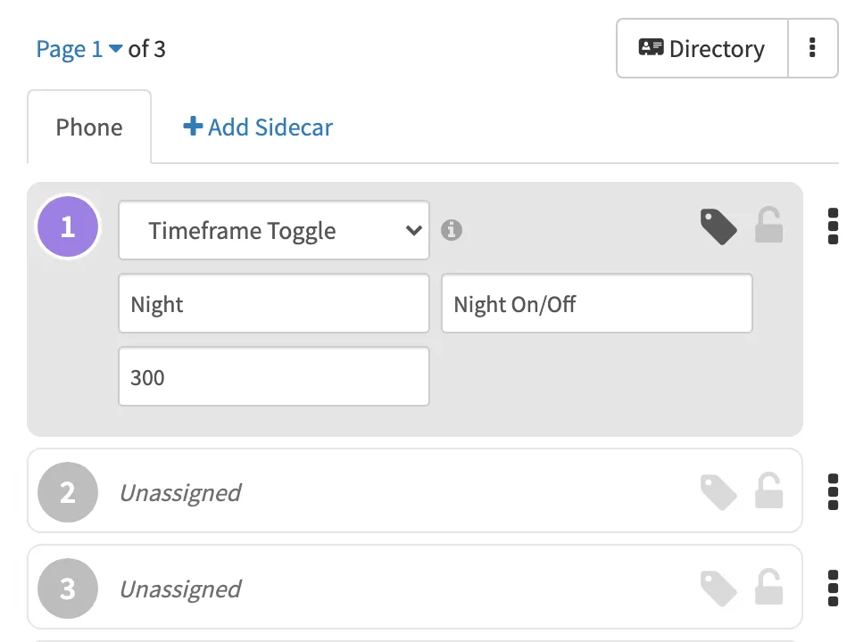 Button Builder with button 1 set to Timeframe Toggle for the Night time frame, labeled Night On/Off, with Target User 300