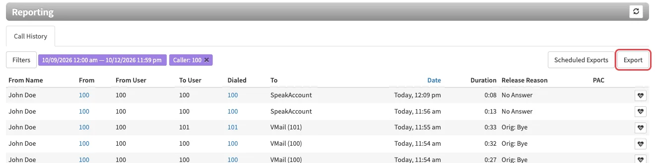 The Call History tab with date and caller filters applied and the Export button highlighted
