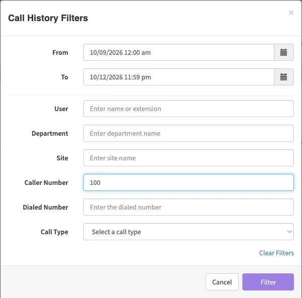 The Call History Filters window with a date range and a caller number entered