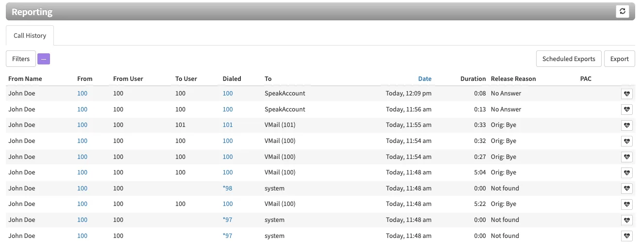 The Call History tab in Reporting listing recent demo calls with From, Dialed, To, Date, Duration and Release Reason