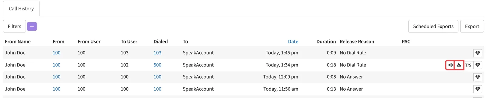 A call in Call History with the play and download recording icons highlighted