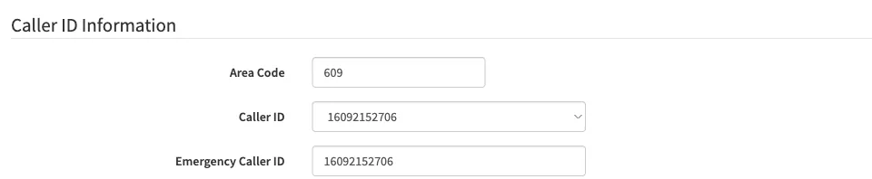 The Caller ID Information section with the Area Code, Caller ID and Emergency Caller ID fields