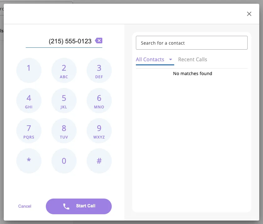 The ConnectUC dial pad with a number entered, the contact list on the right, and the Start Call button
