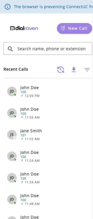 The Recent Calls list with the Clear Call History, Download CSV, and Filter icons at the top