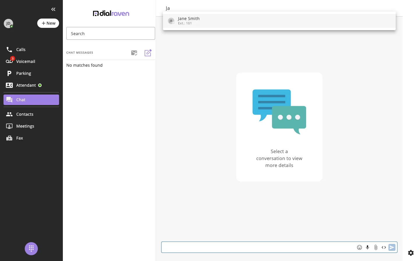 A new chat with a coworker's name typed in the Select contact field and their match showing