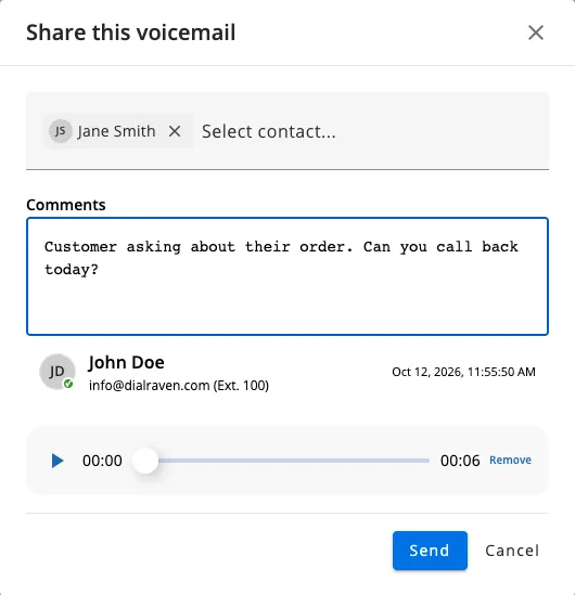The Share this voicemail box with a coworker selected, a short comment, and the Send button