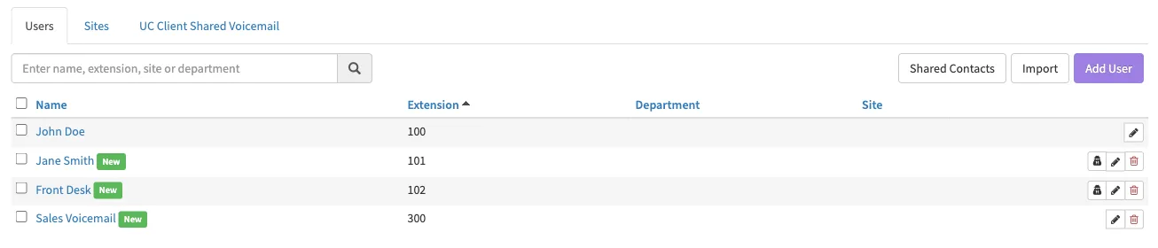 The Users tab in the Manager Portal with sample users on extensions 100, 101, 102 and 300