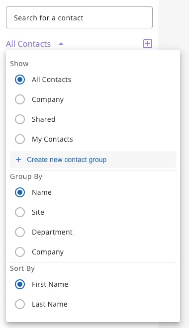 The Contacts tab with the All Contacts menu open, showing the Show, Group By, and Sort By options