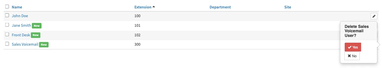 The Users list with the Delete Sales Voicemail User? confirmation open and its Yes and No buttons
