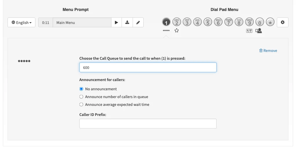 The auto attendant designer with key 1 open and set to the Sales call queue (600), and icons under keys 1, 2, 9 and 0 showing their actions