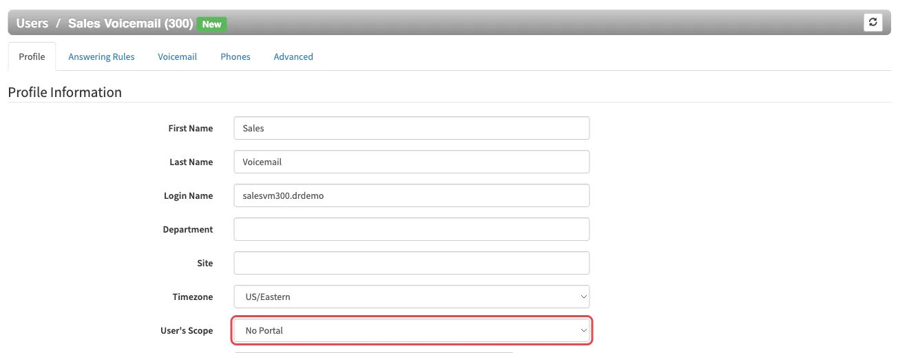 The Profile tab for Sales Voicemail (300) with User's Scope set to No Portal