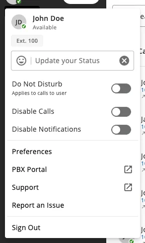 The user menu with the Do Not Disturb, Disable Calls, and Disable Notifications toggles