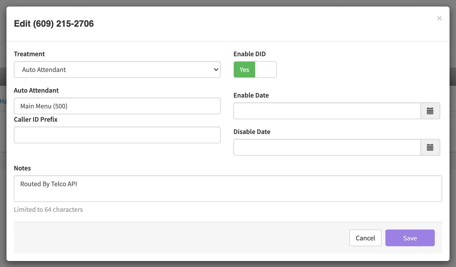 The edit phone number dialog with Treatment set to Auto Attendant and the Main Menu (500) selected