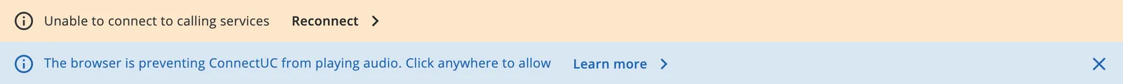 The orange Unable to connect to calling services banner with the Reconnect link at the top of ConnectUC