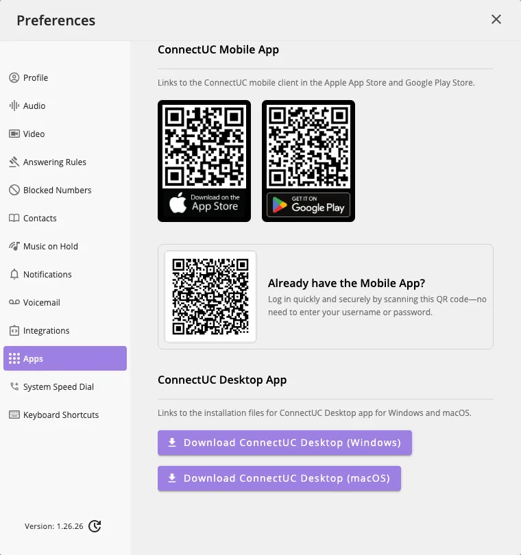 The Apps section of Preferences with the mobile app QR codes and the Download ConnectUC Desktop (Windows) and (macOS) buttons