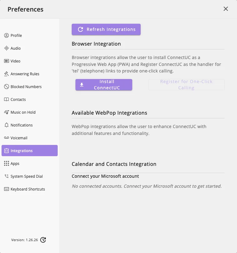 The Integrations tab in Preferences with the Install ConnectUC button highlighted