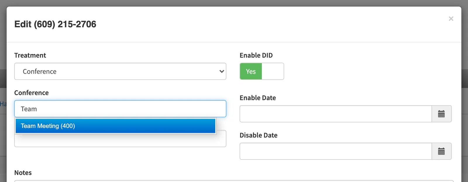 Pointing a phone number at a conference bridge in Inventory: Treatment set to Conference and Team Meeting (400) picked from the list