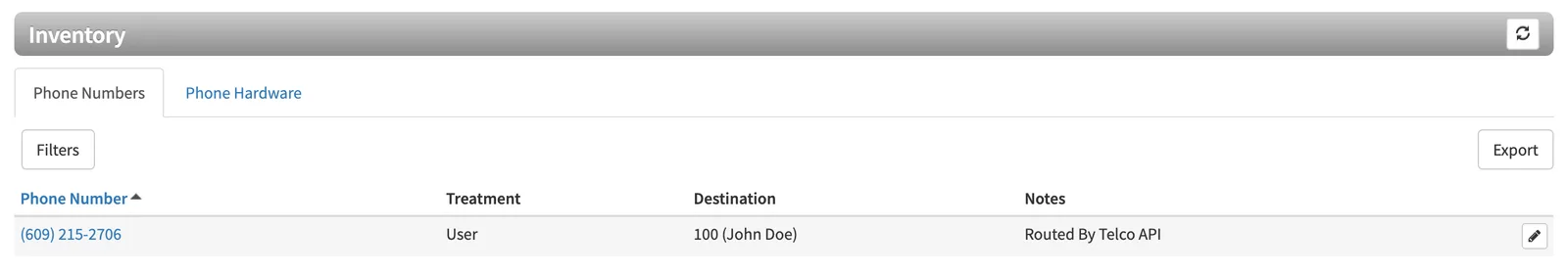 The Inventory page showing the Phone Numbers list with each number's destination