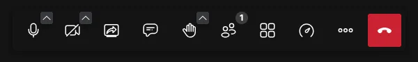 The in-meeting toolbar with microphone, camera, screen share, chat, raise hand, participants, tile view, video quality, more actions, and the red leave button