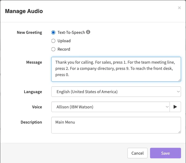 The Manage Audio window with Text-To-Speech chosen and a sample menu script typed in