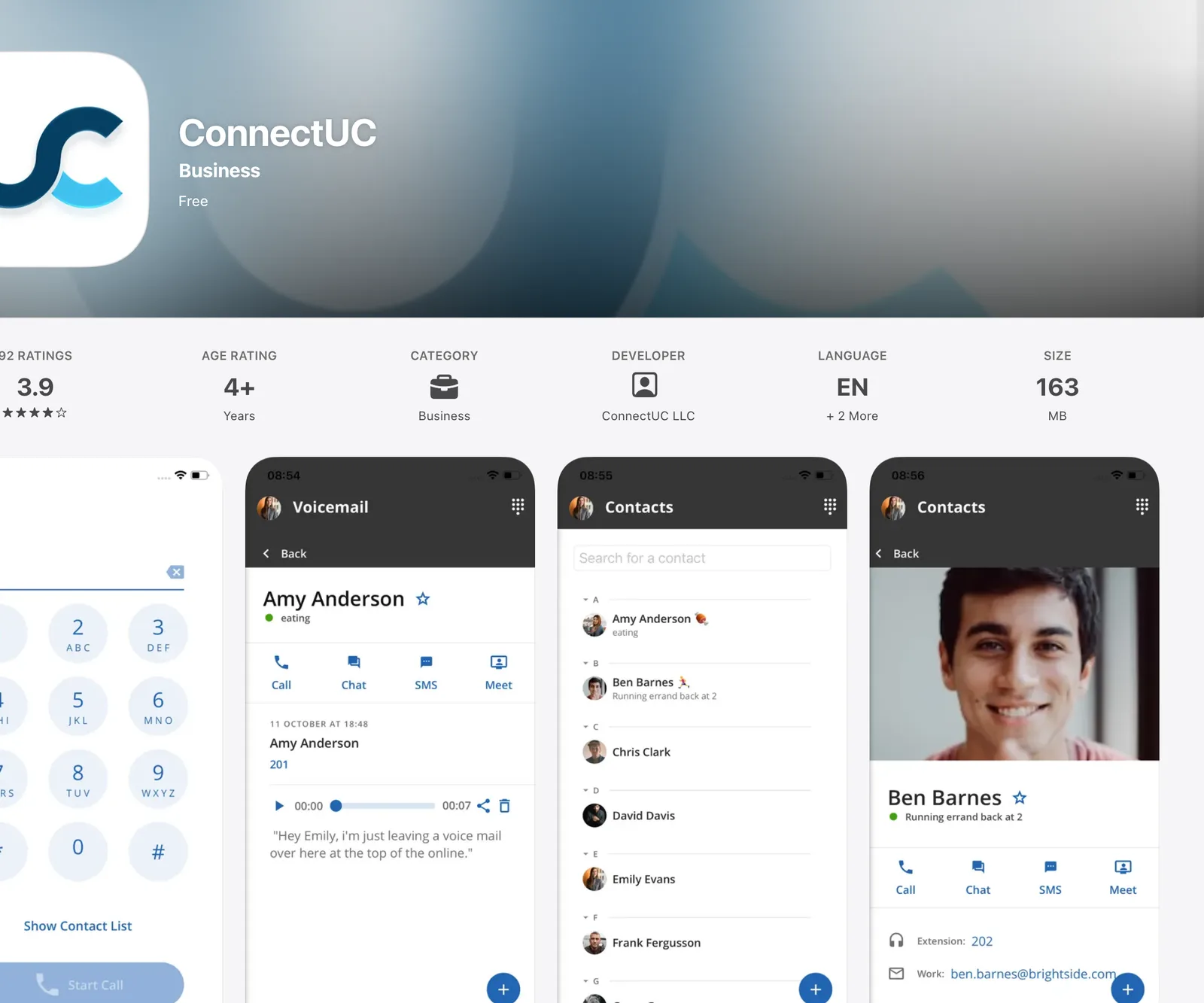 The ConnectUC listing in the App Store, with screenshots of the dial pad, voicemail, and contacts screens