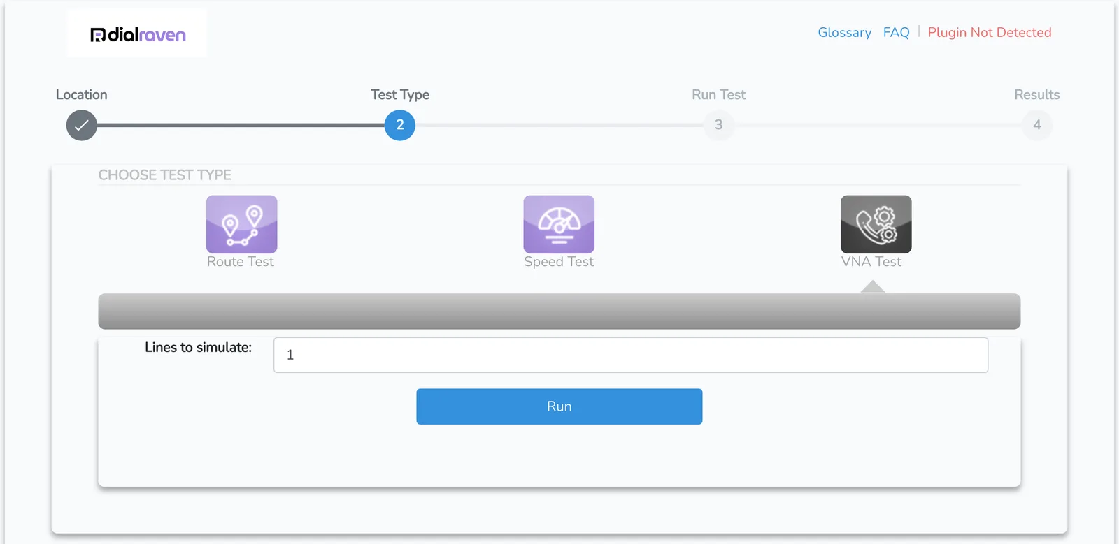 The Network Health Check after choosing a location, with the Route Test, Speed Test, and VNA Test options and the Run button
