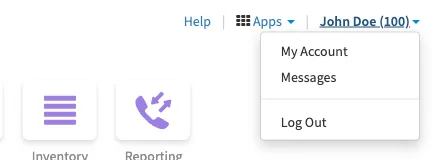 The user name menu at the top right of the Manager Portal, opened to show My Account, Messages and Log Out