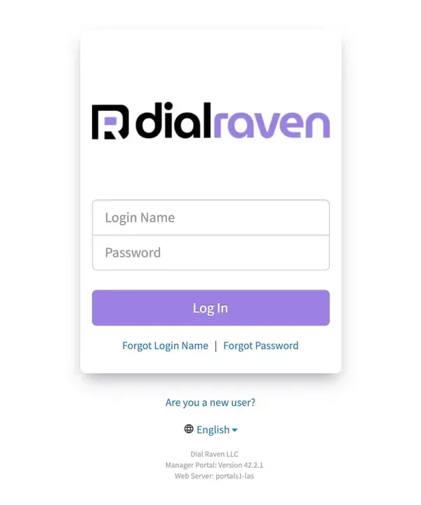 The Dial Raven Manager Portal sign-in page with the Login Name and Password fields