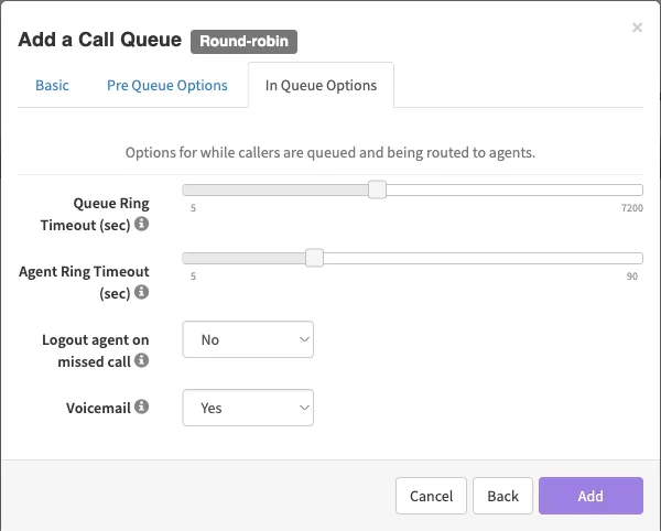 The In Queue Options tab showing Queue Ring Timeout, Agent Ring Timeout, Logout agent on missed call and Voicemail