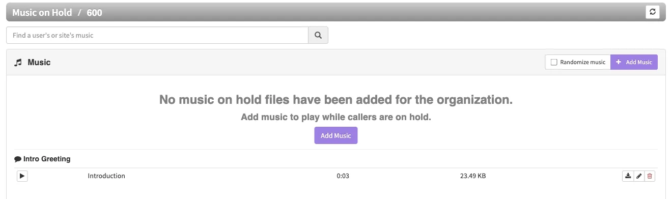 The Music on Hold page for the Sales call queue (600) with an Introduction added under Intro Greeting