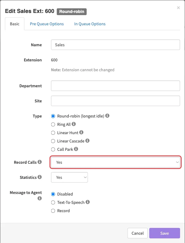 The Edit Queue window for Sales (600) with Record Calls set to Yes