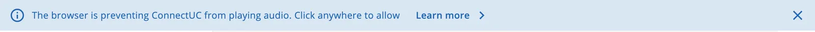 The blue banner at the top of ConnectUC saying the browser is preventing it from playing audio, with Click anywhere to allow